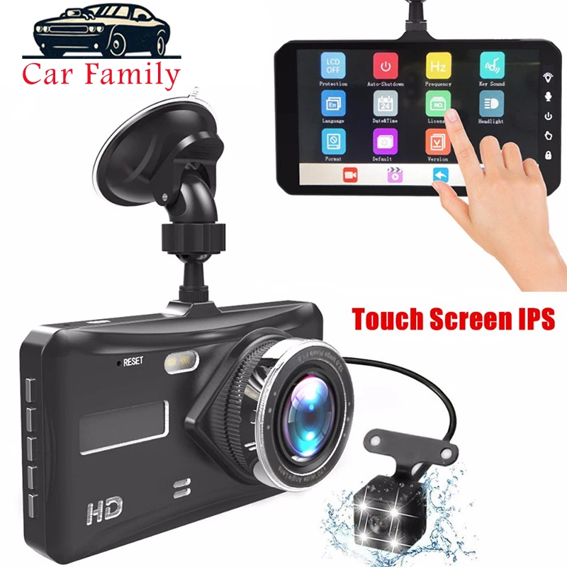 Автомобильный семейный двойной объектив Мини Автомобильный видеорегистратор FHD 1080P " сенсорный экран ips с резервной задней камерой регистратор с ночным видением видео запись