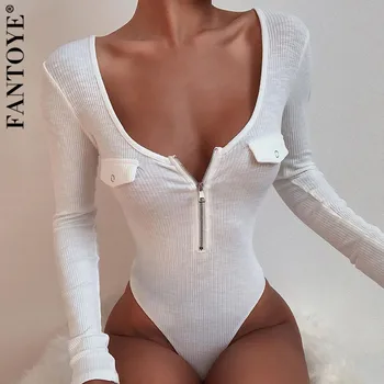 

FANTOYE Ribbed Knitted Long Sleeve Zipper Bodysuit Women V Neck Bodycon Bodysuit With Pocket Basic Lady Cotton Rompers Jumpsuits