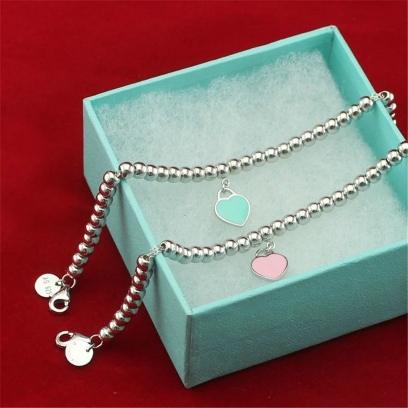 

Hot Brand Bead Bracelet Women Blue/Pink Enamel Heart Tag Charms 100% Pure Sterling Silver 925 Free Original Package Gift
