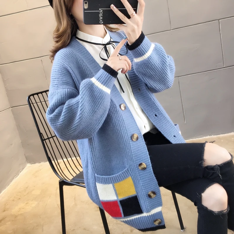 ^*Best Offers 9291 real photo new single breasted pocket color matching knitted cardigan coat 60 -- 1st floor, 11 rows, 1 shelf
