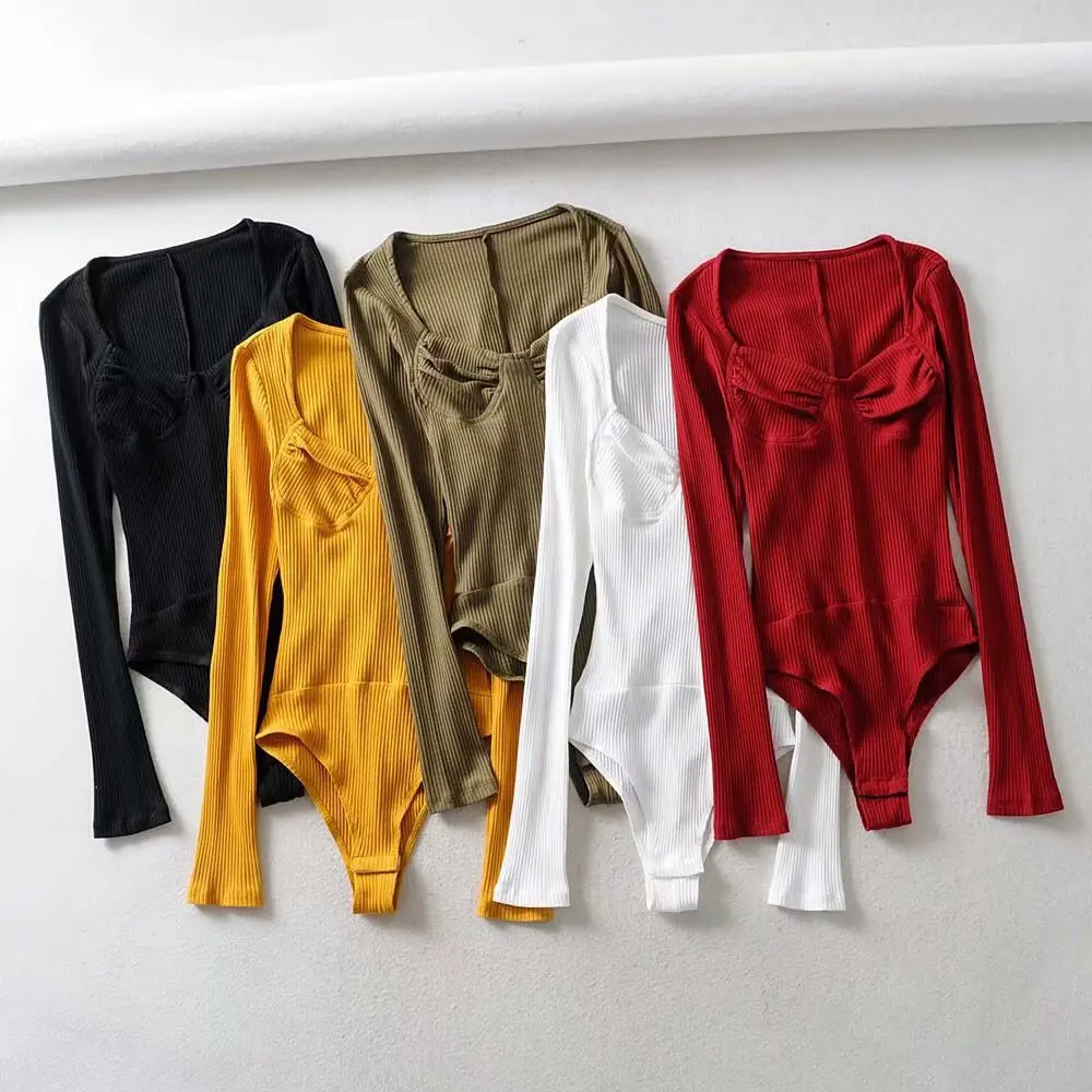 

women knitted bodysuit long sleeve square collar body