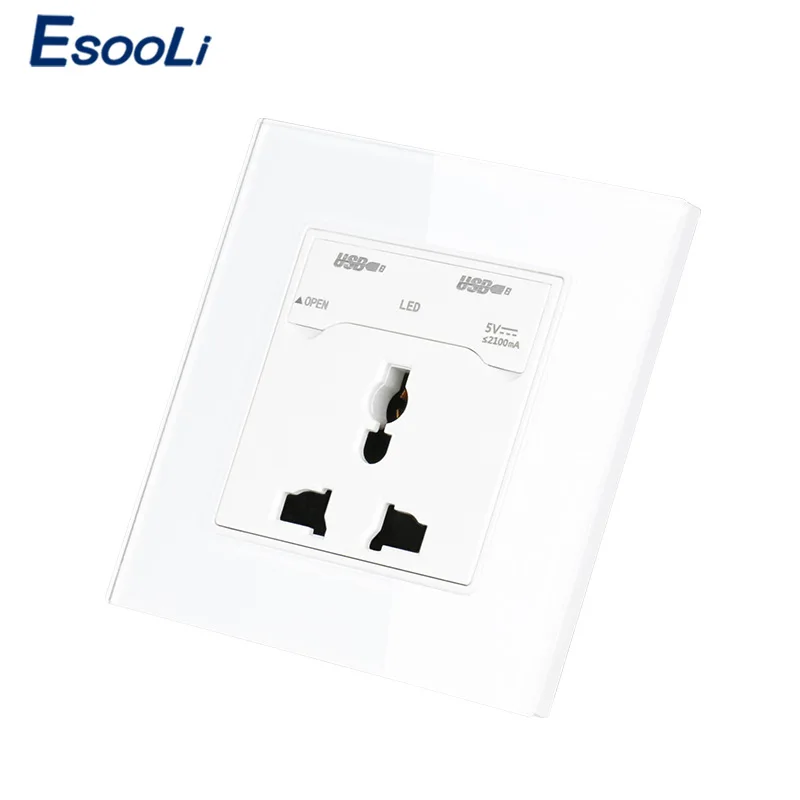 Esooli 86 Тип Хрустальная стеклянная панель 13A 250V Универсальная Розетка с двойное зарядное устройство usb порт выход 2.1A с Светодиодный индикатор