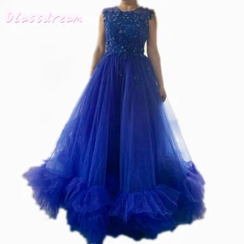

Plus Size Royal Blue Evening Dresses Tulle Ruffels Hem Short Sleeves O-neck Beading Sequins Top Sweep Train вечерние платья