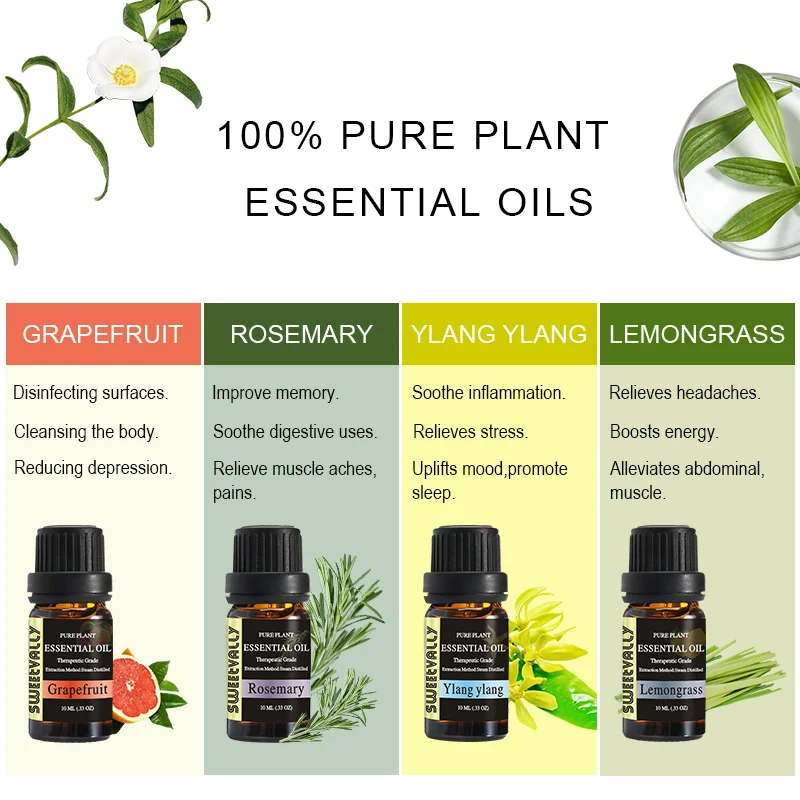 

4pcs Essential Oil 100% Natural Pure Plant Aromatherapy Perfume Oils for Soothing Body Spirit Humidifier Air Freshener 10ml