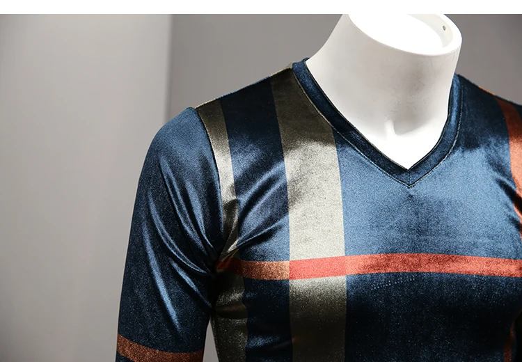 5XL бархатные мужские футболки с длинным рукавом, бордовые весенние модные клетчатые футболки, мужская одежда, Шелковый топ с v-образным вырезом, облегающий крой