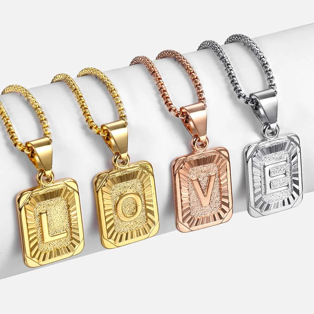 26 Initials Square Alphabet Pendant Necklace For Women Men Gold Golor Name Charm Box Link Chain Best friend Necklaces Jewelry | Украшения и