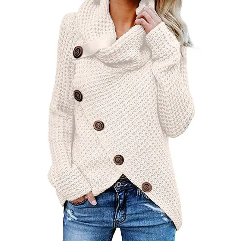 Женский осенне-зимний пуловер с длинным рукавом, топы, водолазка, косая пуговица, вафельный вязаный свитер с неровным подолом, свободная толстовка - Цвет: 1