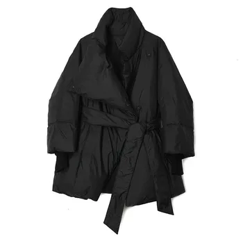 

Loose Fit Black Bandage Big Size Down Jacket New Hooded Long Sleeve Warm Women Parkas Fashion Autumn Winter 2020 1M452