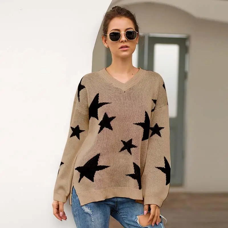 

2019 Winter Loose Sweater Women Pullover Sweater V-neck Star Print Knitted Sweater Ladies Thick Autumn Warm Sweater Female