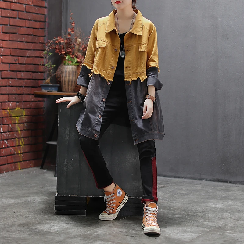 yellow TVVOVVIN Spring Autumn Lapel Long Sleeve Hit Colors Single Breasted Vintage Loose Windbreaker Female Jacket Women X804 - Цвет: yellow
