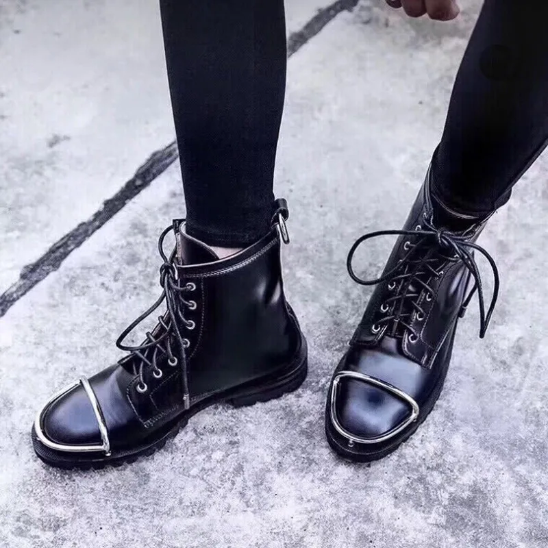

Platform Combat Boots Round Toe Metal Bar Brush Guard Embellished Black Patent Leather Lace-up Back Collar Pull-Ring Ankle Boot