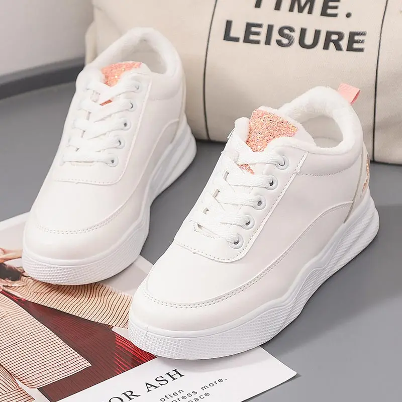 

Warm plush platform winter shoes woman sneakers 2019 solid color lace-up round toe ankle boots female shoes white women sneakers