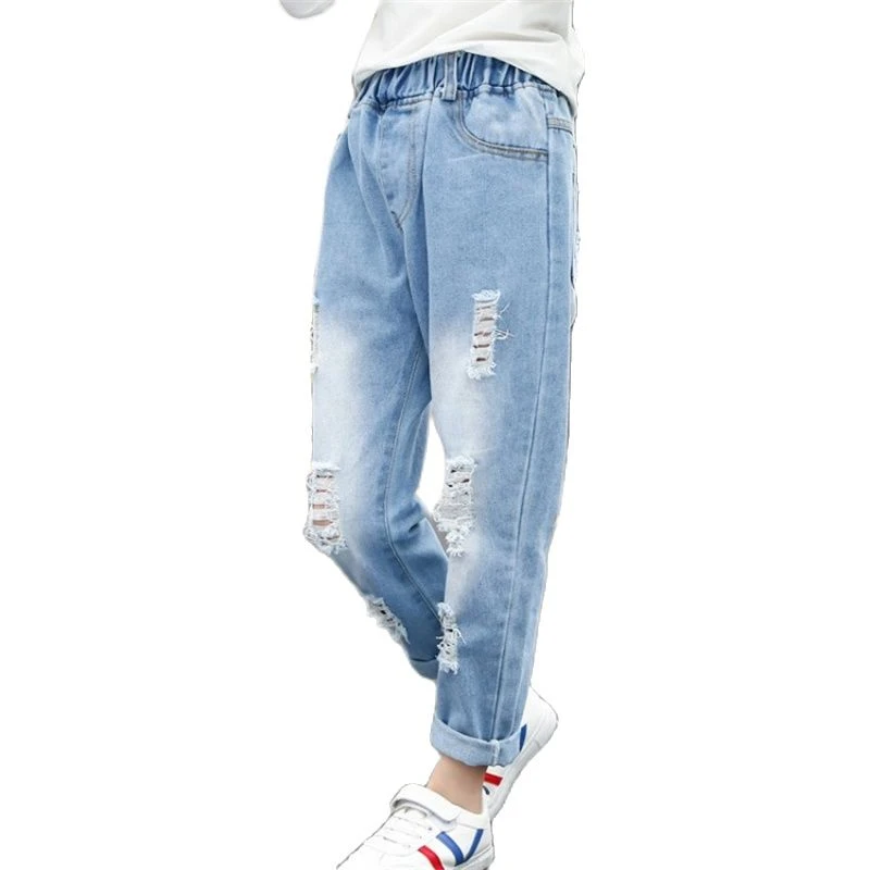 Ripped Jeans For Girls 19 Summer Light Blue Loose Casual Children Denim Pants Elastic Waist Teenage Girls Jeans Trousers 3 16y Jeans Aliexpress