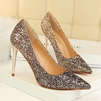 

bridal shoes pumps women Super High 9.5cm Thin Heels Pointed Toe Basic Slip-On high heel shoes Party Sequined Cloth Wedding shoe
