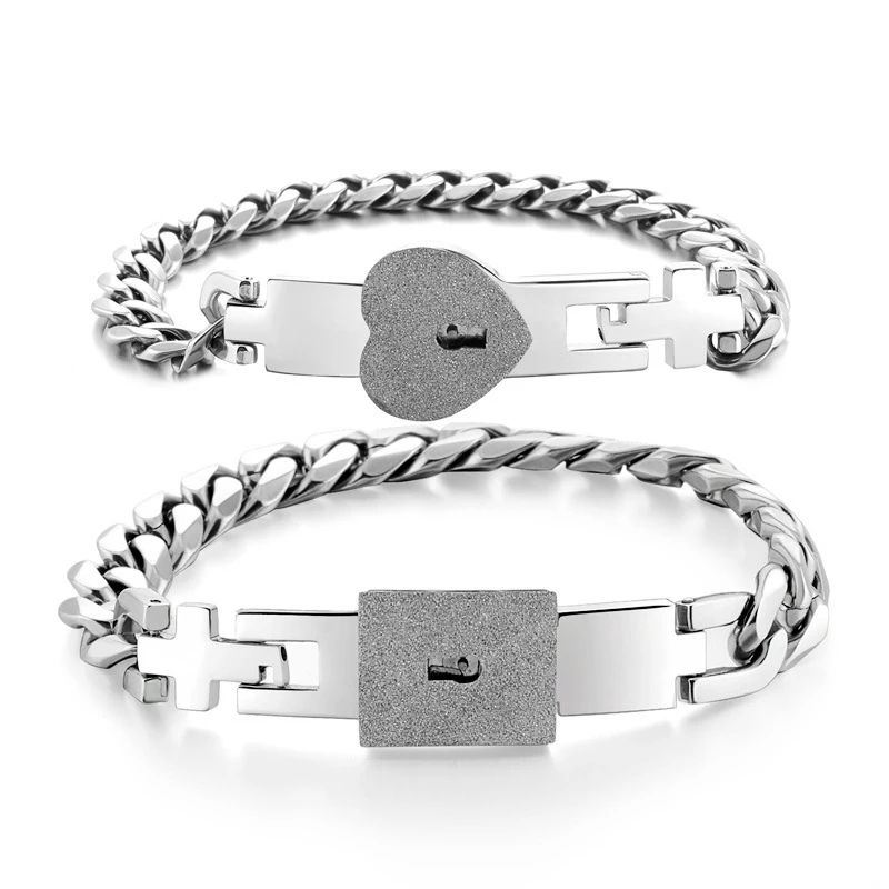 Spencer Titanium Steel Couple Love Heart Lock Bangle Bracelet & Key Pendant  Necklace Set for Women Men Valentine's Day Anniversary Gifts Silver 