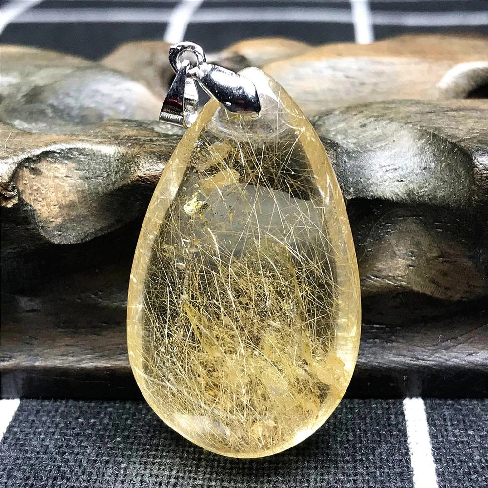 Colgante de Cuarzo rutilado de alta Oro Natural para y hombre, joyería curativa, regalo de riqueza, cristal de 36x21x12mm, cuentas de piedras preciosas AAAAA|Colgantes| - AliExpress