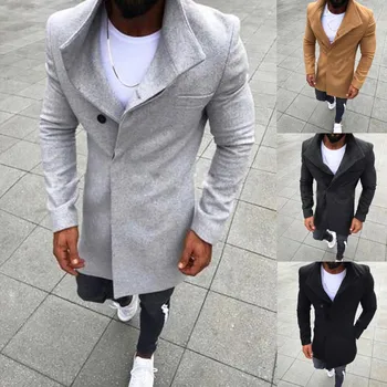 

New Fashion Mens Coat Wool Button Solid Color Long Sleeved Windbreaker Wool Coat Men Winter Coat Men Long Trench