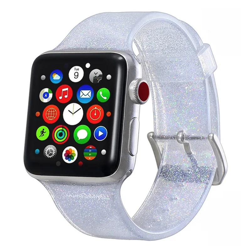 Silver Блестящий ремешок для Apple Watch, ремешок для Apple Watch 4, 3, 5, iWatch, ремешок 42 мм, 38 мм, 44 мм, 40 мм, силиконовый браслет для часов - Цвет ремешка: Silver