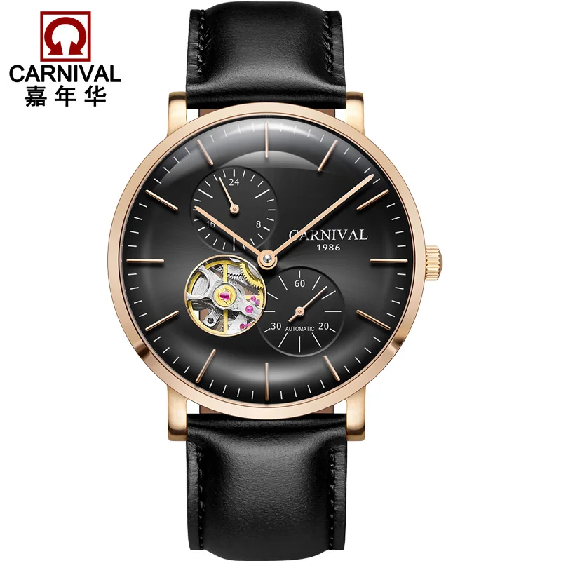 

Automatic Watches CARNIVAL Men Watch Leather Mechanical Wrist Wristwatch Relogio Masculino Sapphire 2018 Waterproof Black Clock