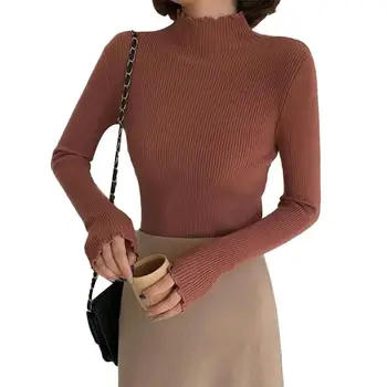 

Casual Womens Blouse Autumn Lacework Turtle Neck Ribbed Elastic Slim Knitted Sweater Womens turtleneck