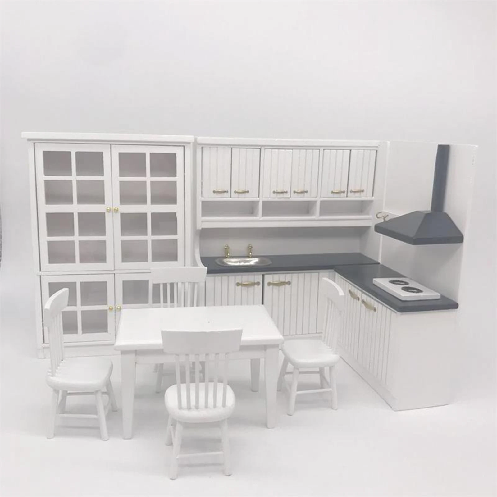 1:12 Dollhouse Miniature Furniture Wooden Kitchen Cabinet Dining Table Dollhouse Chair Kits Handcraft DIY Gifts
