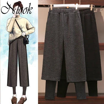 

2020 spring warm leggings women plus size wide leg pants fake two pieces black artistic women pants thick trousers 4XL