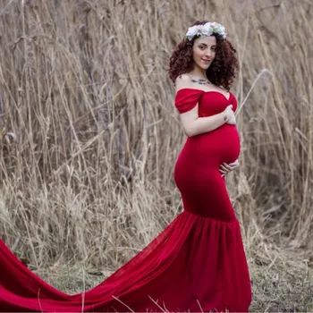 

Maternity Photography Prop Pregnancy Cloth New Cotton Chiffon Maternity Off Shoulder Half Circle Gown Photo Shoot Pregnant Dress