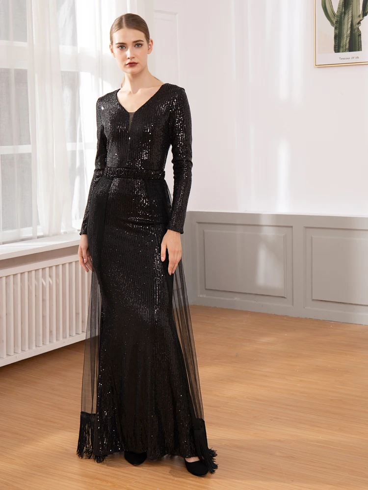 Элегантное черный Платье с блестками сетка платье с бахромой длинное платье с длинными рукавами V-образный вырез пустотелый долго платье для вечеринки эластичный длинный сарафан
