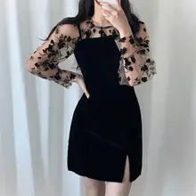 

Woman' Korean Fall Spring Vintage Fashion Black Slim Two-piece Sets Sexy Mesh Stitching Strap Mini Dress Female Party Clothing