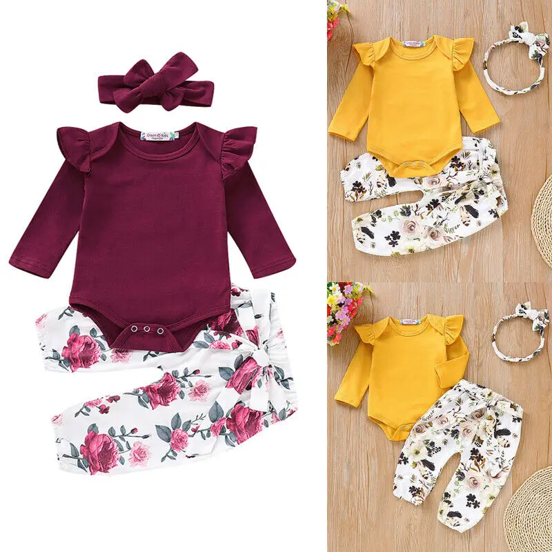 Одежда с цветочным рисунком для новорожденных; боди с длинными рукавами для новорожденных; топ; штаны-шаровары; повязка на голову; праздничная одежда для девочек из 3 предметов