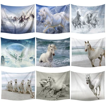 

72*92cm White Horse Print Soft Wall Cloth Tapestry Polyester Hanging Wall Carpet Decorative Tablecloth Blanket Home Decor 60002