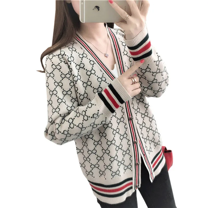 Spring Autumn New Cardigan Sweater women Fashion Print V-Neck Long sleeve Knitting Coat Ladies Loose Plus size Tops Q203 |