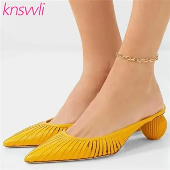 

Round Ball Heels Slippers Women Leather Hollow Outs Mules High Heels Ladies Summer Strange Style Heel Party Shoes Woman