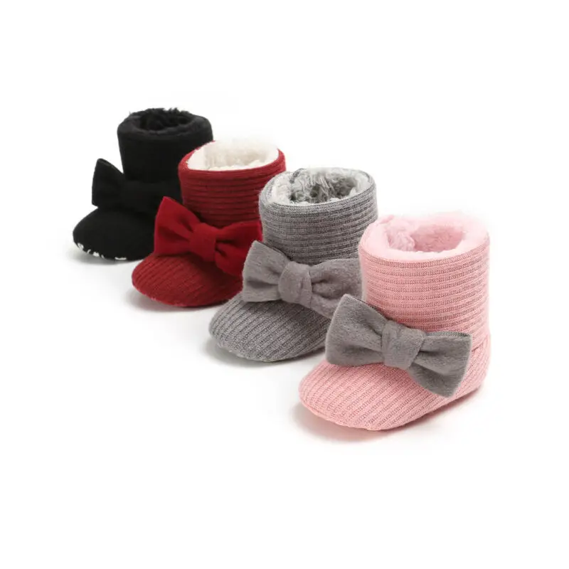 Теплые детские ботинки с бантиком; зимние мягкие ботинки для маленьких девочек и мальчиков; обувь для малышей