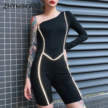 

New Sexy Reflective Strip One Shoulder Playsuit Neon Long Sleeve Bodysuit Women Summer Sexy Skinny Rompers Womens Jumpsuit