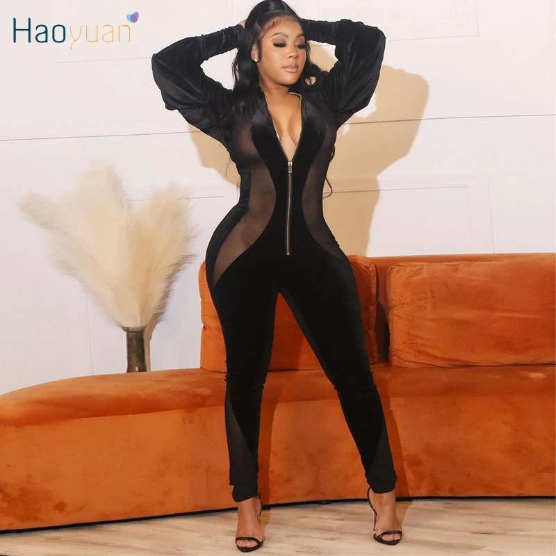 

HAOYUAN Plus Size Mesh Sheer Velvet Jumpsuit Long Sleeve Zip Up Bodycon Rompers for Women Sexy Night Club Wear One Piece Outfits