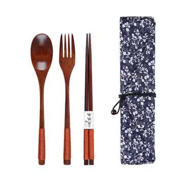 

3pcs/set wooden utensil fork spoon chopsticks set wood portable bamboo cutlery