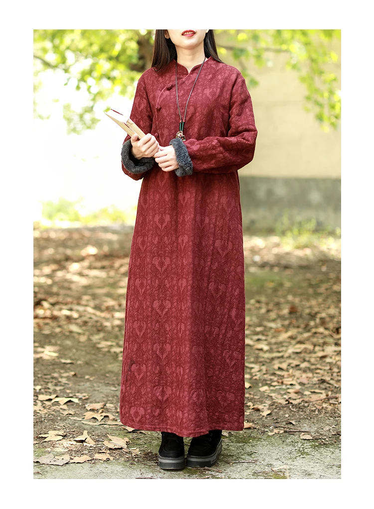 LZJN Chinese Dress Women 2019 Autumn Winter Long Sleeve Cheongsam Qipao Jacquard Fleece Lined Warm Thick Dress Robe Vestidos (16)