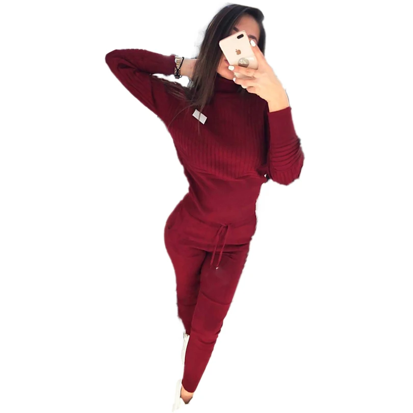 MVGIRLRU autumn winter Woman casual turtleneck solid color knitted pullover sweater and pocket pants two piece set
