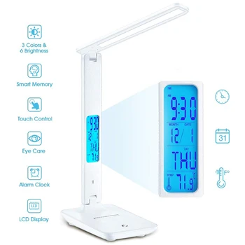

Wireless ​LED Desk Lamp​ With Calendar Temperature Alarm Clock Touch Control Dimmable Foldable Table Reading Light