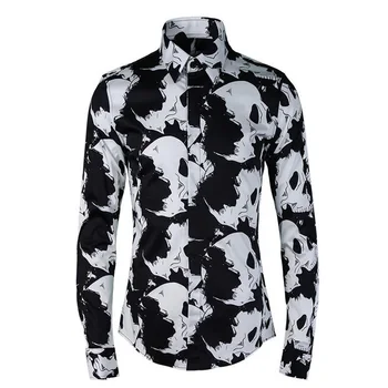 

Skull Digital Print Men Shirts Slim Body 100% Cotton White Shirt Basic Shirts Star Style Casual Breathable Clothing M-4XL