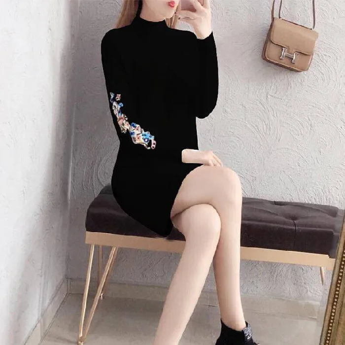

2019 Autumn And Winter New Style Large Size Dress Mid-length Long Sleeve Korean-style Versatile Knit Low Waist Jersey