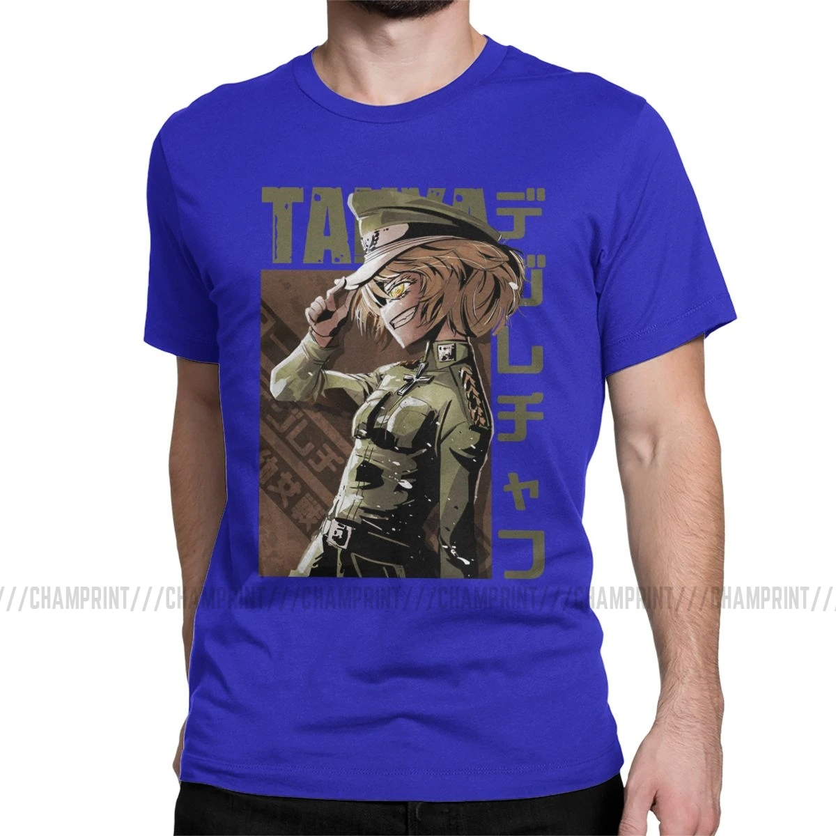 Мужская футболка Youjo Senki Tanya, Уникальные футболки из хлопка, футболки с коротким рукавом из аниме Von Empire War Evil, топы с круглым воротником - Цвет: Синий