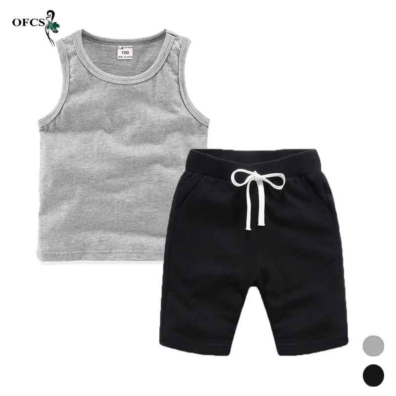Kids Clothing Set Retail Kids Clothes Toddler Boys Solid Outfits Children Suit Summer Tees Suits Cotton Unisex Vest T-shirt + Shorts 2Pcs/Set 2-12