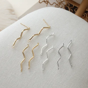 

14K Gold-Coated Copper Wave Earrings Silver Needle DIY Ear Stud Hand-Made Material Accessories 4pcs