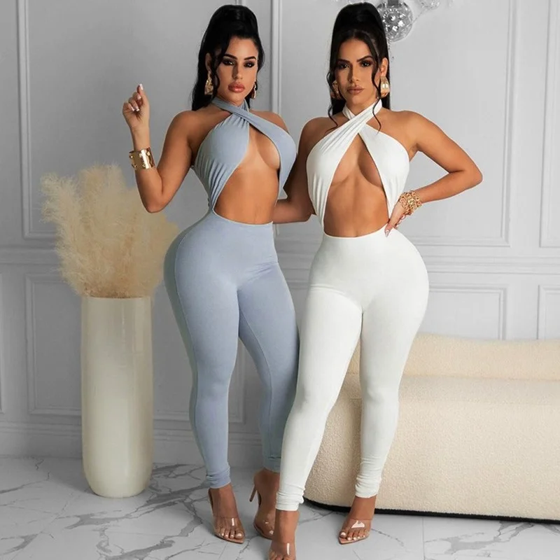 

Sexy Halter Off Shoulder Jumpsuit Women Hollow Out Bodysuit Bodycon Summer Casual Fitness Rompers Summer Skinny Slim Outfits