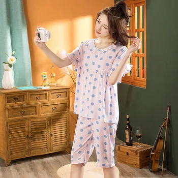 

Japanese Korean Version Woman Short Sleeve Pajamas Cute Girls Thin Polka Dot Print Lace Edge Casual Leisure Sleepwear Suits