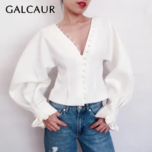 GALCAUR/женские рубашки, блузка с v-образным вырезом и фонариком, белая блузка с длинными рукавами, Топ для женщин большого размера корейский модный осенний сезон
