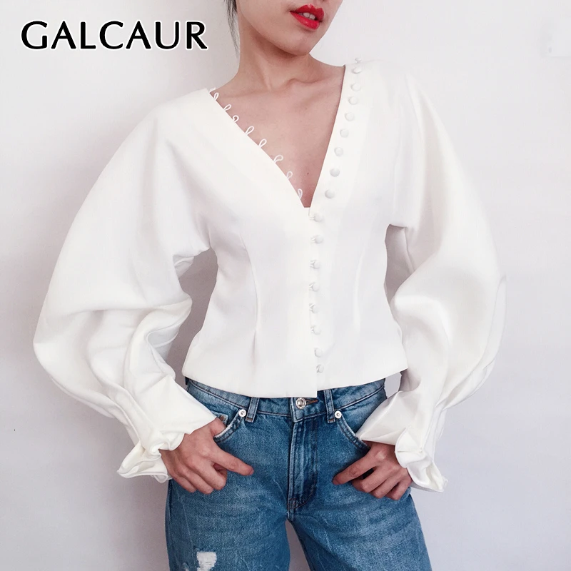 

GALCAUR Womens Shirts Blouse V Neck Lantern Long Sleeve White Blouse Top Female Large Size Korean Fashion Autumn 2019 Tide
