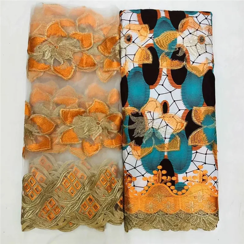 

2020 High Quality New Arrival Ankara 100% Cotton Wax Lace Wax Fabric African Embroidery Dutch Wax With scarf Lace Fabric XM03113